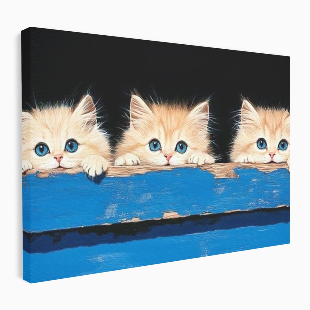 Tablou canvas cu ilustratie digitala cu trei pisicute, fara rama, pe sasiu de lemn